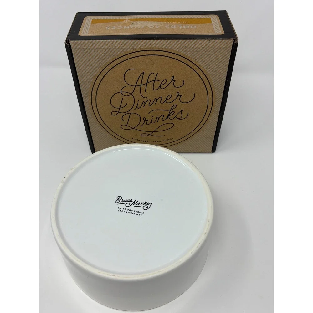 Brass Monkey After Dinner Drinks Ceramic Dog Bowl White Gold Foil lettering NIB